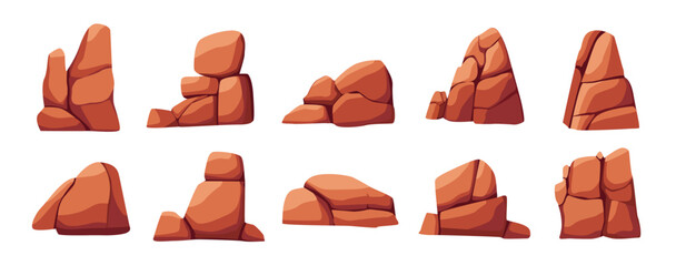 Set of desert rock, cartoon vector illustration, orange desert stones canyon collection, brown red cracked cliff, nature elements clip art