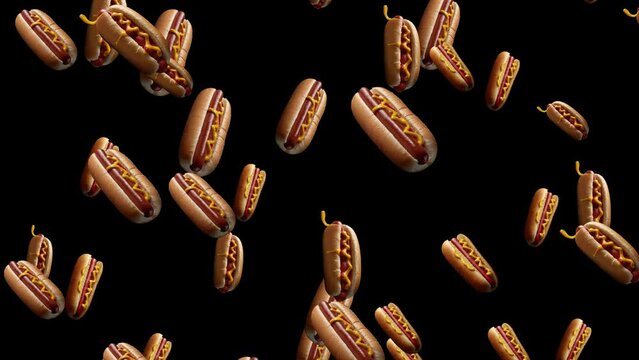 Hotdog Falling On Black Background. Unhealthy Diet Control Concept, Hotdog Super Slow Motion Falling With Chess Animation On Alpha Channel Background, Unhealthy And Junk Food Eating Concept. Unhealthy