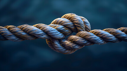 Closeup of an old rope with two loose ends tied together, symbolizing strength and connection,...