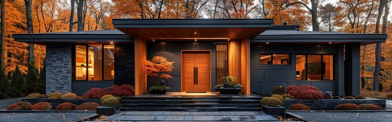 Main entrance door. Japanese, minimalist style exterior of cottage in fall forest. Tiled walls and wooden front door. Front yard with beautiful landscape design, Serene Japanese-Inspired Forest Cabin 