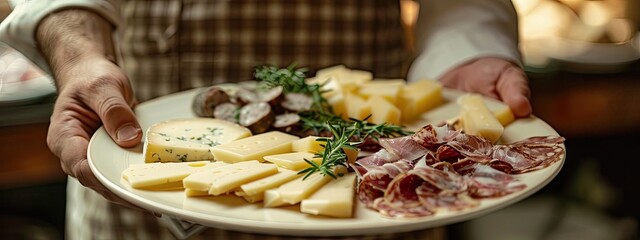 The chef makes a presentation of the dish to be served. Selective focus.