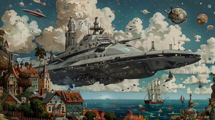 Enchanted Village by Sea: Cinematic View, Silver Galactic Battleship Rising
