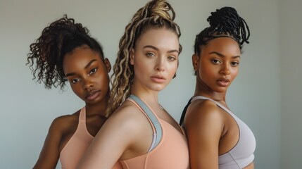 Three multinational women with different body in sportswear looking at camera while posing
