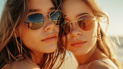 Two pretty best friends girls making selfie on beach, light and bright summer colors, hats and sunglasses, positive friendship vibes