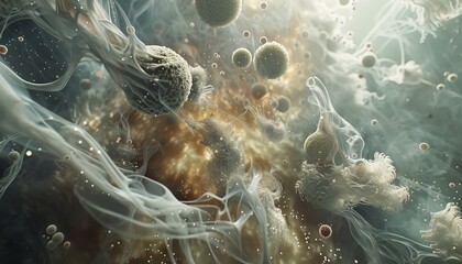 Obraz premium A microscopic ballet of dust mites and bacteria cavorting amidst a swirling vortex of smoke particles
