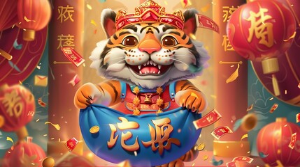 Banner depicting a tiger wearing a Caishen costume peeking out of a blue lucky bag. A text welcoming the God of Wealth in Chinese is written on the red envelope.