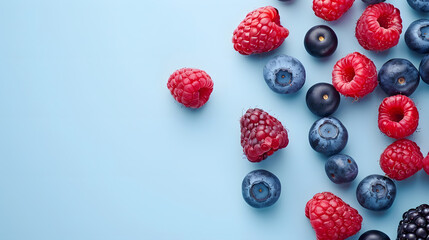 Handful of fresh berries, including blueberries and raspberries isolated on blue background. Mixed...