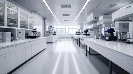 Modern Empty Biological Applied Science Laboratory with Technological Microscopes, Glass Test Tubes, Micropipettes