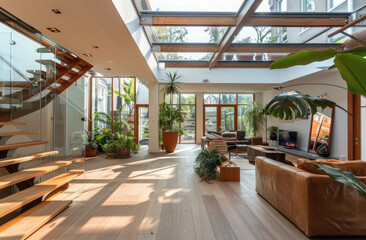 A spacious living room with a wooden staircase, a glass skylight in the ceiling, and a parquet floor