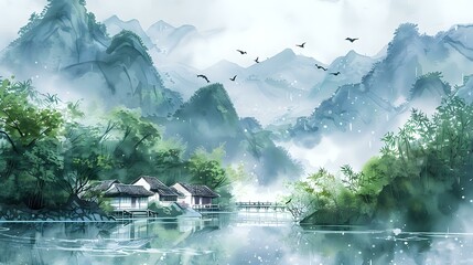 Spring Landscape Illustration: Mountains, River, Swallows in Traditional Chinese Style