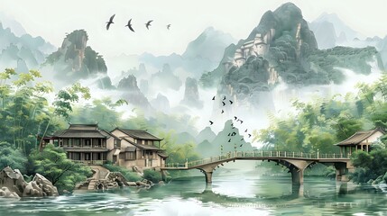 Traditional Chinese Ink Painting: Spring Scenery with Green Mountains and River