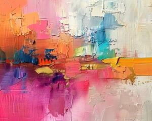 An abstract painting with vibrant colors and a thick impasto texture