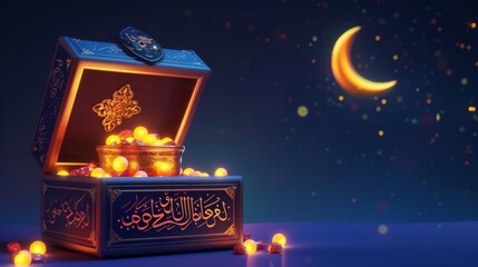 A dark blue card depicting a Quran box with glowing fanoos and a bowl of dates within, with a crescent moon on the back. Arabic calligraphy translation: blessed festival of Ramadan.