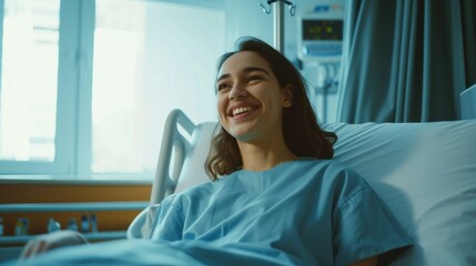 Happy young woman smiling and feeling recovered after getting an emergency surgery at the hospital