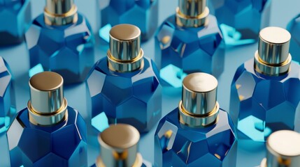 Various eye drop mockups in gold caps and blue geometric shapes. Made in Japan eye care products.