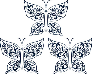 Set Butterflies Black Contours with a Floral Pattern on White Background. Vector
