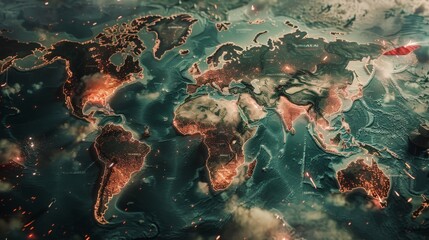 Obraz premium A physical world map with red alert banners draped over strategic military bases, sparks fly from the paper as if the map itself is under attack