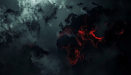 A political world map with redacted borders for attacked nations, a shadowy figure with glowing red eyes lurks in the darkness