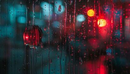 A single drop of condensation, tinged red by reflecting neon lights, trickling down a cold window pane at night