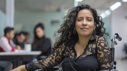 Portrait of latin transgender woman in wheelchair and people at meeting in the background at the office in Latin America Stock Photo photography