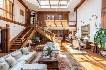 A spacious living room with a wooden staircase, a glass skylight in the ceiling, and a parquet floor