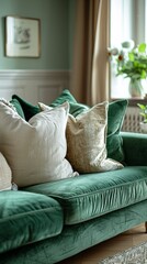 Closeup of green velvet sofa with beige pillows. Scandinavian interior design of modern living room, home, Luxurious Velvet Sofa in a Style Living Room - 4K Wallpaper