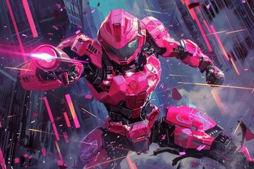 vibrant pink anime mech ranger in heroic pose digital art illustration