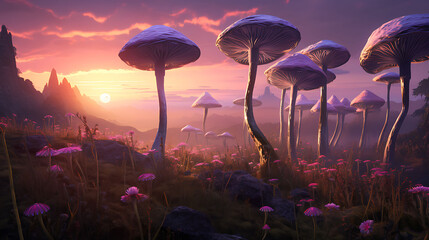 A surreal landscape with giant agaricus mushrooms towering over a field of wildflowers under a purple sky.