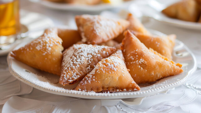 Authentic algerian bourek pastries sprinkled with sugar, served on a white plate, representing traditional north african cuisine