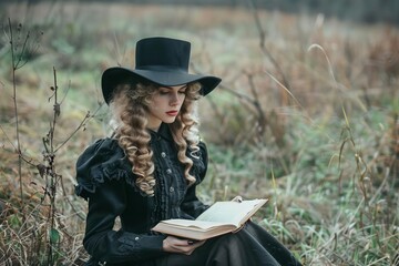 woman dressed as favorite literary character reading book in scenic outdoor setting world book day concept - obrazy, fototapety, plakaty