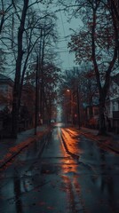 The street after the autumn rain, there are withered trees on both sides of the street, behind the trees are houses, rainy weather, dark, street lights, 8k, HD, photos, head-up view 