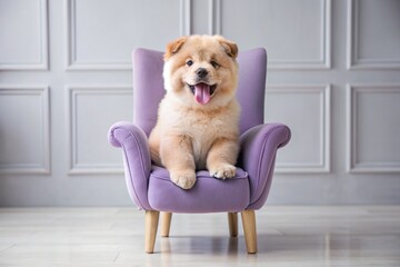 Portrait of a cute joyful puppy of the Chow Chow breed. A banner with the image of a pet dog in the interior of a white and purple living room. The dog is sitting on a purple armchair.
