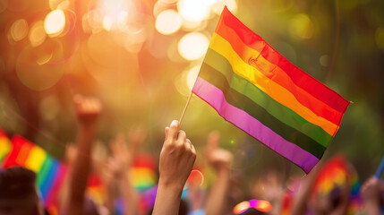 Pride community at a parade with hands raised and the LGBT flag. Stock Photo photography