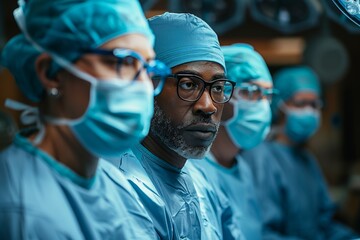 In the hospital's operating room, a diverse professional surgical team, prepares for surgery. - Powered by Adobe