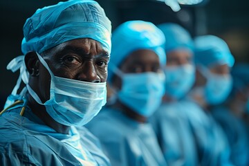 In the operating room, a professional African surgeon and their team prepare for surgery. - Powered by Adobe