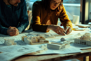 A photo of two architects working on an architectural model, surrounded by blueprints and models. They are wearing casual attire with glasses. The table is covered in various building materials like w