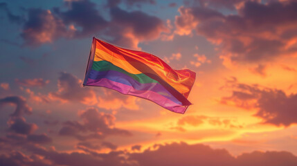 Pride rainbow lgbt gay flag being waved in the breeze against a sunset sky. Stock Photo photography