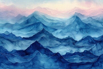 A scenic sketch of bluish hills and mountains against a serene blue sky.