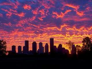 A city skyline is silhouetted against a beautiful orange sky. The sun is setting, casting a warm glow over the buildings. The sky is filled with clouds, creating a serene and peaceful atmosphere - Powered by Adobe