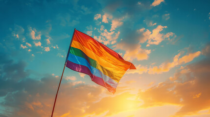 Pride rainbow lgbt gay flag being waved in the breeze against a sunset sky. Stock Photo photography