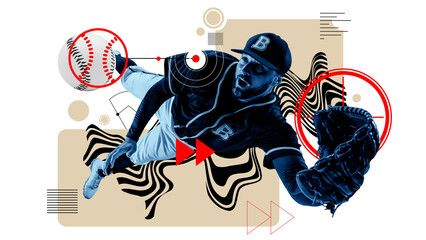 Fototapeta premium Dynamic image of man, baseball player in motion, catching ball in jump against light background with abstract elements. Contemporary art collage. Concept of sport, game, active lifestyle, competition