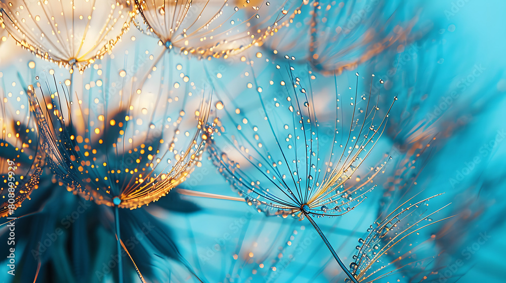 Wall mural close up of dandelion on the blue background