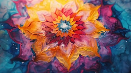 A vibrant mandala painted on a canvas, blending watercolors and acrylics to create a fluid, dynamic pattern