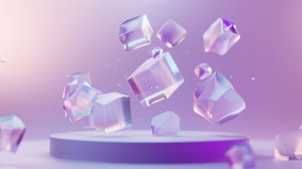 A floating violet background with 3D geometric objects and a glassmorphism square plate.