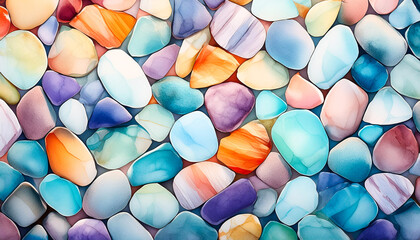 Layer of gemstones with vibrant colours. Concept of background, spiritual stones and crystals, spirituality, crystal healing, complementary and alternative therapy, jewellery.