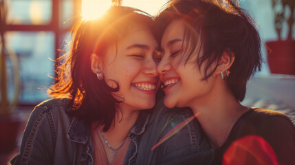 Asian lesbian couple, LGBTQ. Happy Two young Asia women showing love and romance together at home....