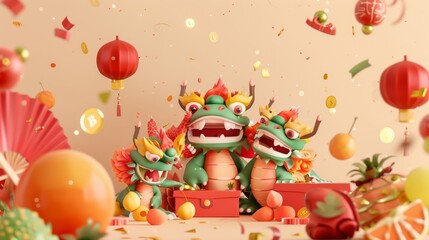 Happy Chinese New Year greeting card featuring illustrated little dragons surrounded by fruits, red envelope, coins, sweets, and sycees on a beige background. Text reads: Wishing you a prosperous and