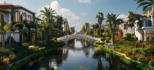 Fototapeta premium A small white bridge over the canal in front of each house, with many trees and plants on both sides of the waterway, creating a symmetrical view. The photorealistic rendering has a cinematic and phot