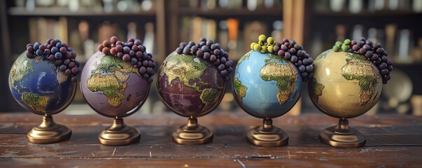 A row of five antique globes with different colored grapes growing on them. The globes are sitting on a wooden table in front of a blurred background of bookshelves.