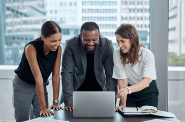 Meeting, notebook and business people with laptop in office for planning, teamwork or feedback....
